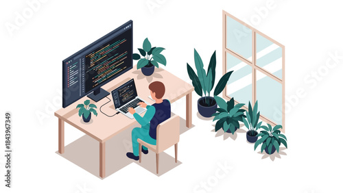 Isometric home office with programmer working on laptop near large window and indoor plants