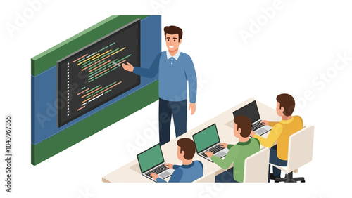 Isometric classroom with teacher explaining code to students on laptops