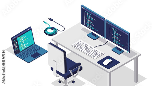 Modern office workspace with dual monitors and coding setup in isometric style