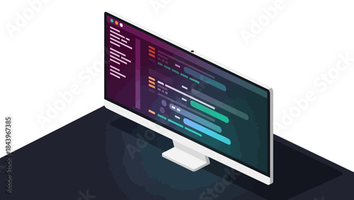 Modern isometric computer screen displaying colorful coding interface for developers