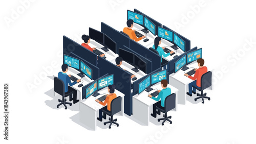 Busy office with employees working at multiple computer stations in isometric view