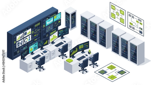 Modern isometric server room with control center and data analysis monitors