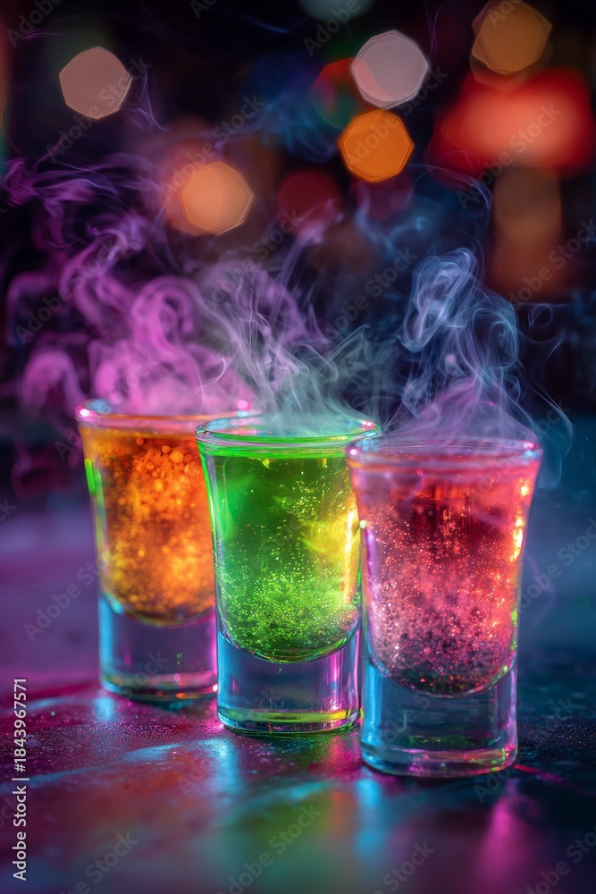 Obraz premium Energetic Christmas cocktail composition featuring icy mixed drinks, glowing lights and shimmering confetti in rich party colors