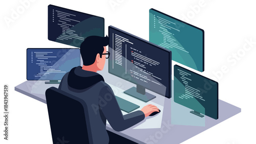 Developer coding at multi-screen setup in modern office environment