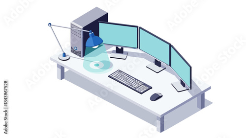 Modern office workspace with multi-screen setup and blue desk lamp in isometric style