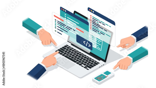 Collaborative coding concept with isometric developers and laptop