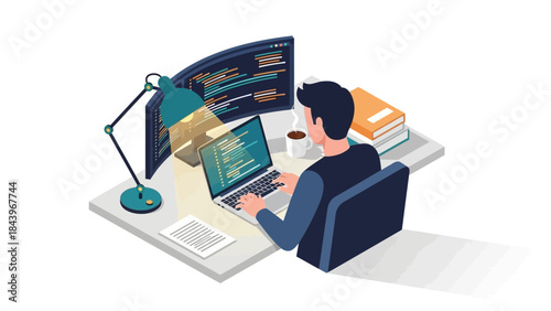 Isometric home office with programmer at work with dual monitors and desk lamp