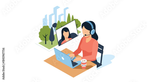 Isometric remote work concept: woman video conferencing on laptop with virtual background