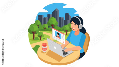 Remote work in park: woman video conferencing outdoors