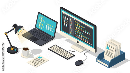 Modern isometric workspace with computer, laptop, and coding script display