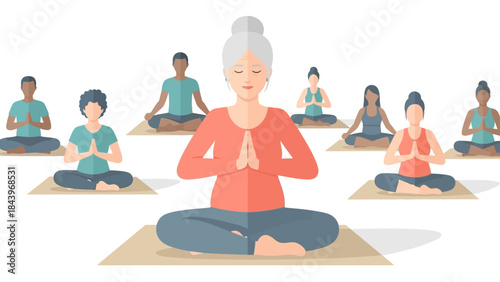 Diverse group practicing mindfulness and yoga in peaceful setting