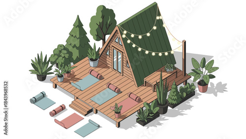Tranquil outdoor yoga retreat with a-frame cabin and lush greenery