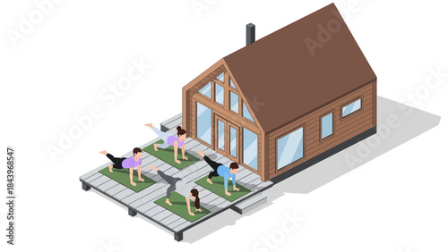 Isometric group yoga workout on patio outside modern cabin