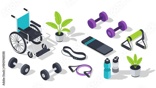 Isometric fitness equipment and wheelchair with plants on white background