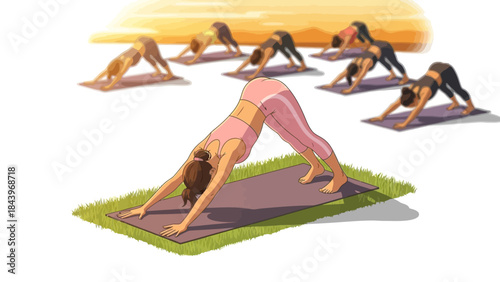 Group outdoor yoga class at sunset featuring woman in downward dog pose