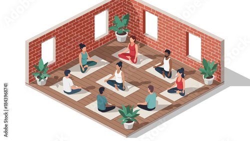 Group yoga session in isometric room emphasizing unity and relaxation