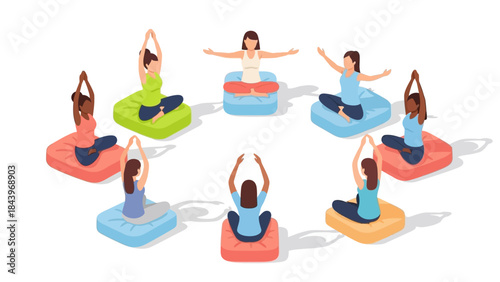 Women practicing yoga in a circle on cushions with diverse poses in isometric style