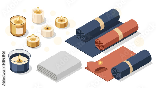 Relaxing yoga retreat essentials with candles and mats in isometric style