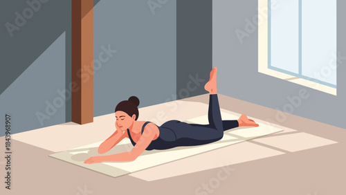 Woman practicing yoga indoors on mat in relaxed pose by sunny window