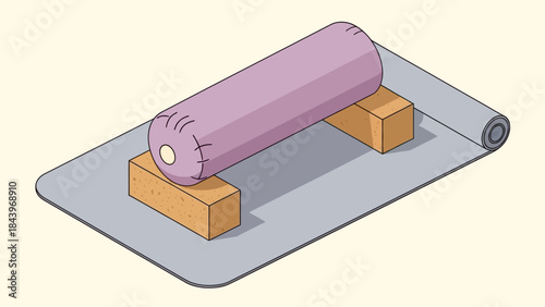 Isometric yoga props setup with bolster on mat and blocks for relaxation and stability