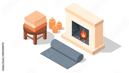 Cozy isometric fireplace scene with yoga mat and candles