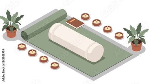 Cozy isometric yoga setup with mat, bolster, plants, and candles for relaxation and meditation