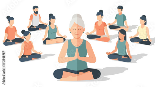 Flat style group meditation: diverse people practicing mindfulness together