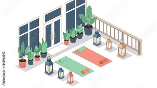 Isometric yoga terrace with plants, lanterns, and mats for a serene outdoor retreat
