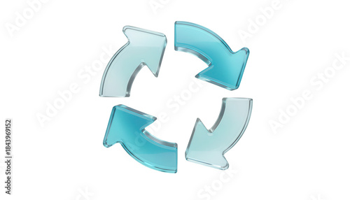 Rotating, circular data flow arrows with a dynamic, spinning appearance and a transparent cyan gradient, a 3D glassmorphism arrow icon set isolated on white