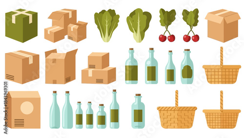 Eco-friendly packaging and fresh produce in flat design