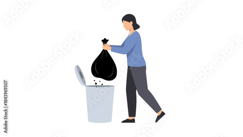 Woman disposing trash bag in bin, simple modern flat style
