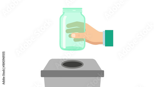 Flat design hand throwing glass jar in recycling bin icon for eco-friendly concepts