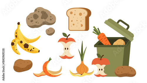 Food waste elements: compost bin, rotting produce, and spoiled ingredients for eco-friendly concepts