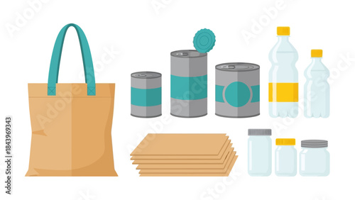 Eco-friendly packaging collection: bags, cans, bottles, jars, and cardboard