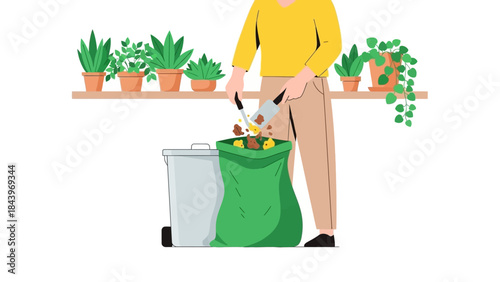 Home composting: woman preparing waste for eco-friendly gardening