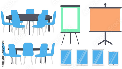 Modern office meeting room setup with chairs and presentation tools