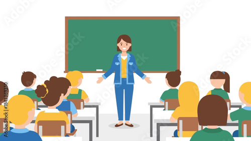 Teacher engaging with diverse classroom of young students in a flat style illustration