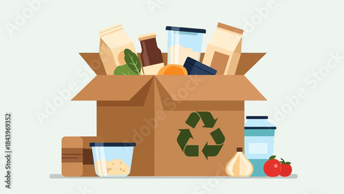 Eco-friendly kitchen: recyclable packaging and organic foods in flat design