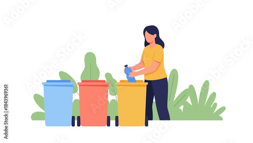 Person sorting waste into colored bins for recycling in an eco-friendly setting