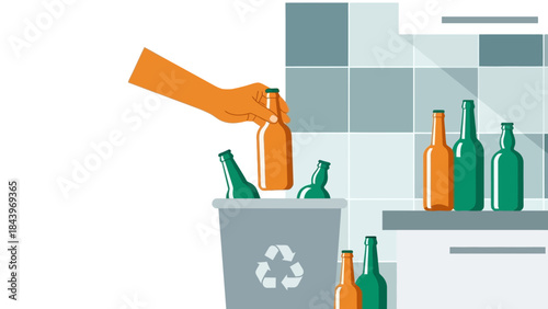 Recycling hand with bottles in flat style: eco-friendly kitchen scene
