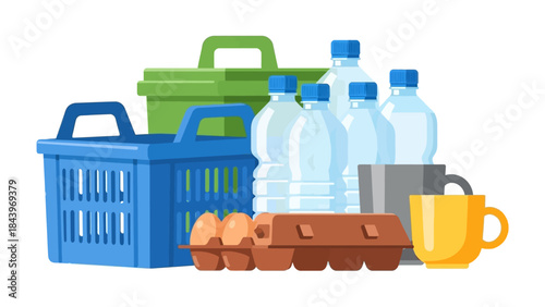 Colorful household items in flat design: grocery basket, water bottles, and more