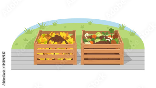 Flat design compost bins with leaves and vegetables in garden setting