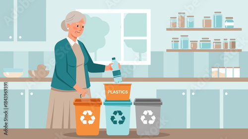 Senior woman sorting waste at home, eco-friendly recycling of plastics