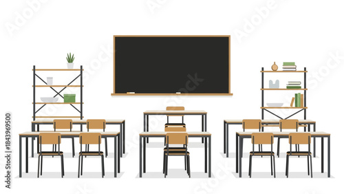 Modern classroom with black chalkboard and wooden desks in flat style