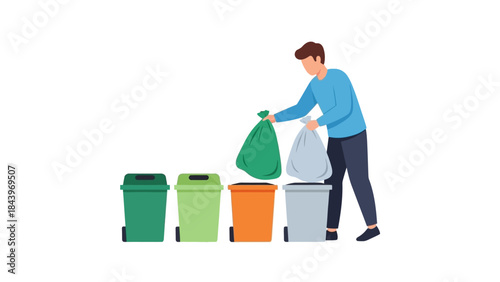 Man sorting garbage into colored bins for effective waste management