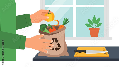 Sustainable kitchen with recycled bag and fresh vegetables