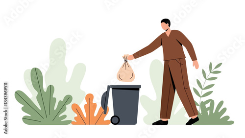 Person disposing garbage in nature scene surrounded by plants