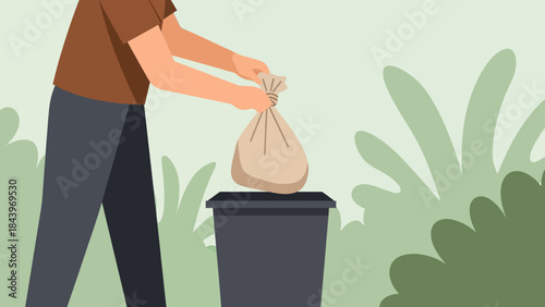 Person disposing trash in bin with green foliage background