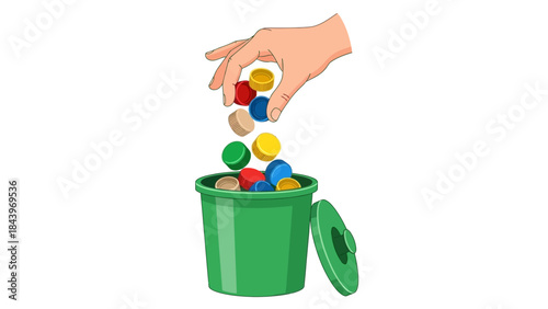 Hand tossing colorful plastic caps into green recycling bin on white background