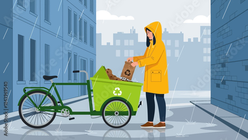 Urban recycling scene on a rainy day with woman in yellow raincoat
